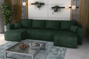 Rozkládací sedací souprava FIRE U - tmavězelená - manšestr - LINCOLN 39